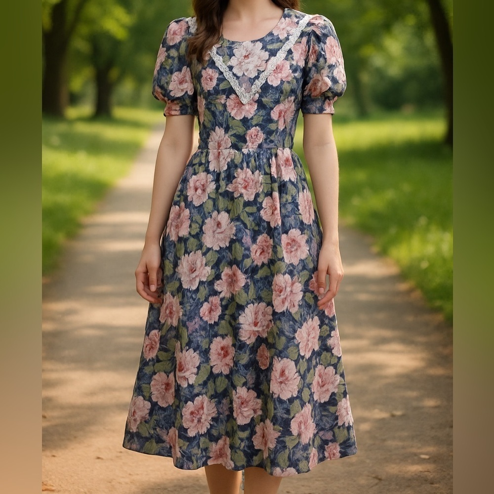 Vintage All That Jazz Floral Puff Sleeve 80s Cottagecore Prairie Dress USA 9/10